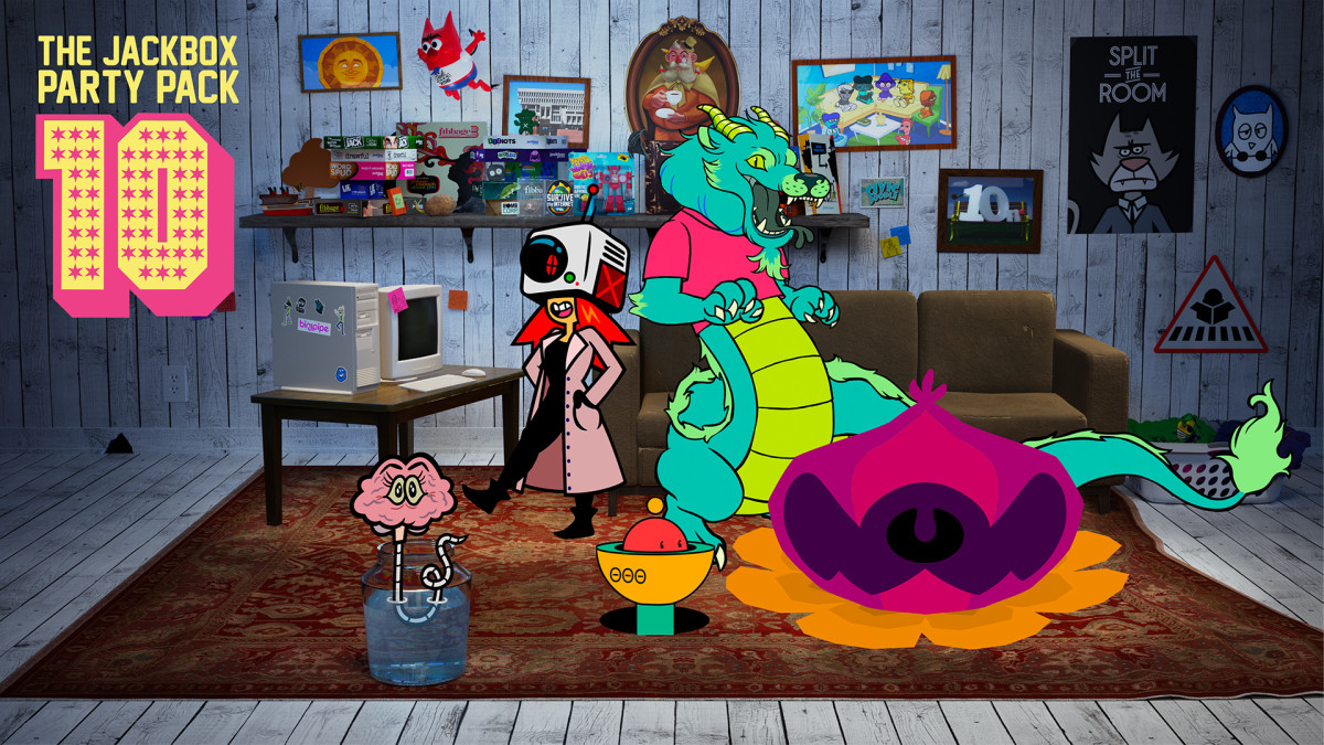 The Jackbox Party Pack 10 artwork showing cartoon characters in a real-life living room.